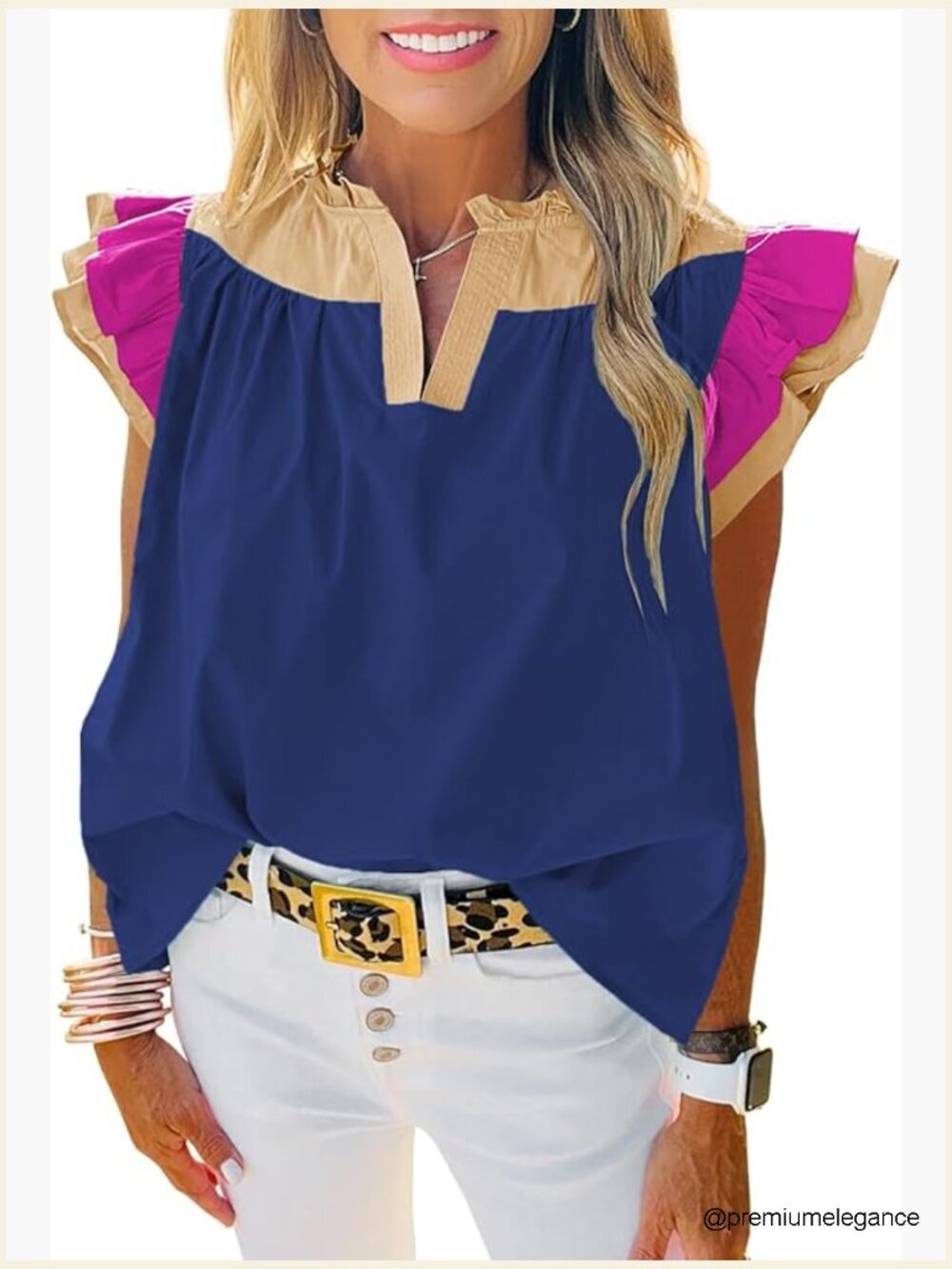 Womens Ruffle Color Block Tank Top V Neck Pleated Blouse Loose Fit Sleeveless